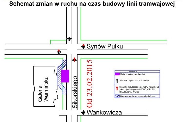 Zwężenie jezdni ul. Sikorskiego przy Galerii Warmińskiej