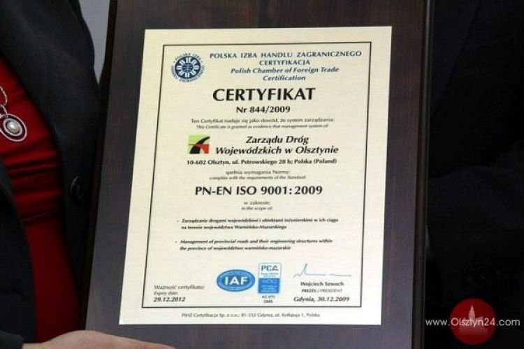 Zarząd Dróg Wojewódzkich z certyfikatem ISO 
